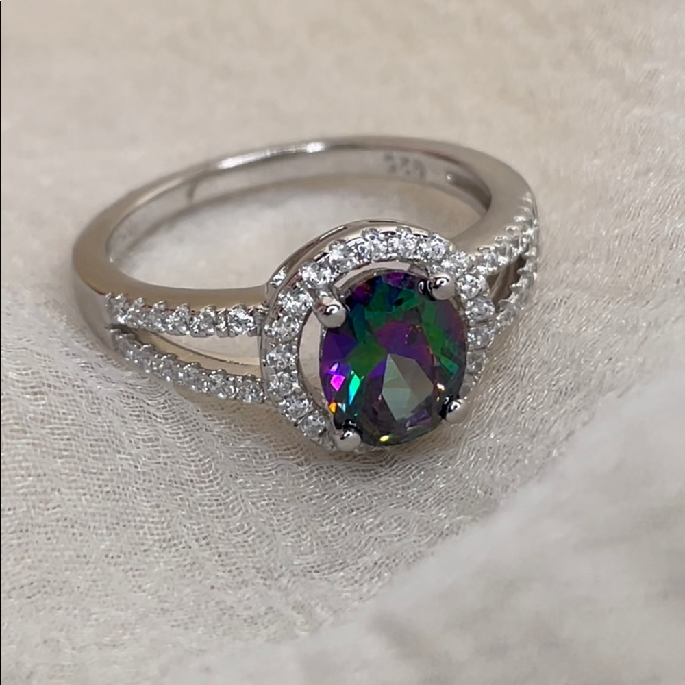 Rainbow Topaz Oval Halo CZ Ring✨